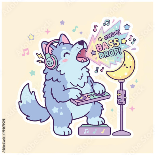 Cute Cartoon Wolf DJ Playing Music with Moon.