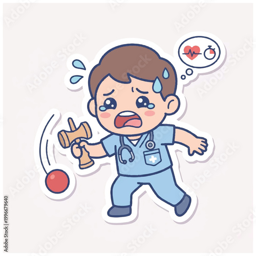 Doctor playing kendama game feeling stressed and tired.
