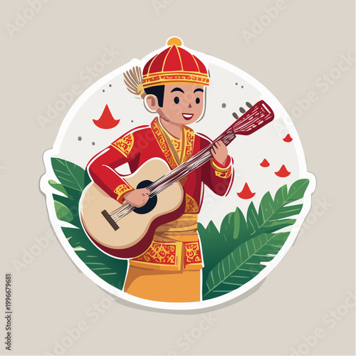 Cartoon of a person playing guitar in traditional attire