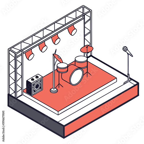 Isometric stage with a drum set, mic, and lights.