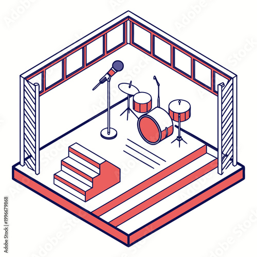 Isometric stage setup with a drum kit and mic.
