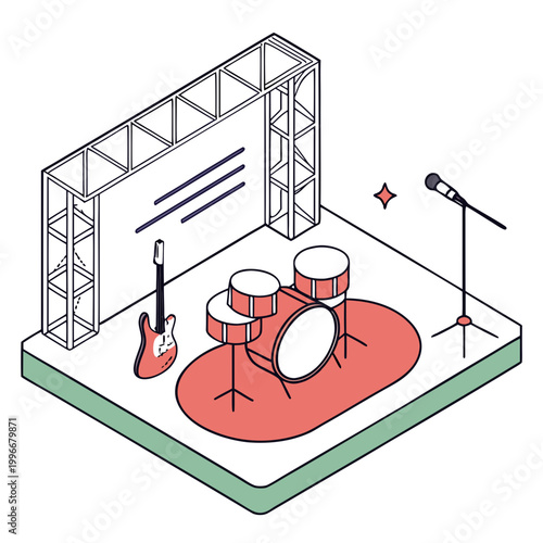 Isometric stage with a drum set and a guitar.