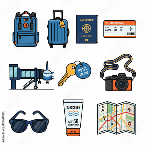 Travel essentials collection for vacation and journey.