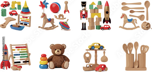 Wooden Toy Vector Set with Classic Kids Play Objects, Blocks, Rocket, Cars, Teddy Bear, and Educational Toys for Nursery Design and Children Illustration