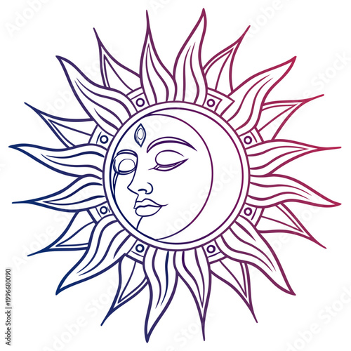 Abstract mystical sun face with third eye symbol.