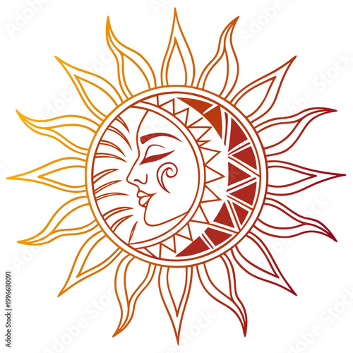 Stylized sun moon face celestial symbol design.