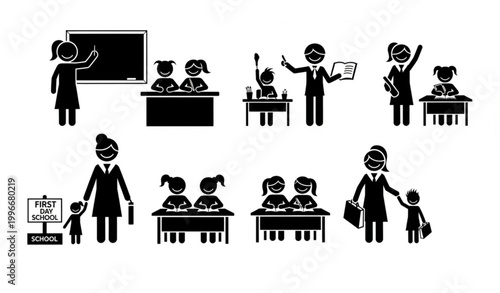 Stick figure teacher and kids school icon set with classroom activities and first day parent pictograms isolated on white