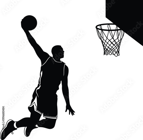 Black silhouette of a basketball player dunking a ball