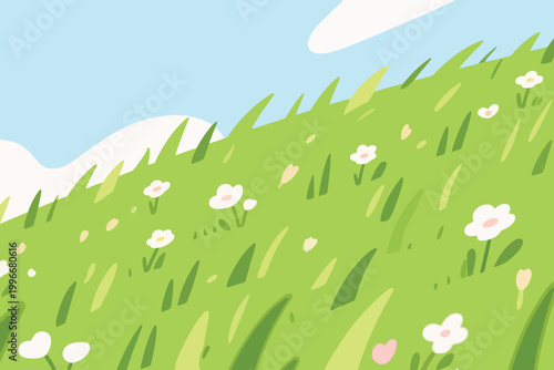 Grassy hillside with scattered white and pink flowers under bright blue sky with fluffy clouds.