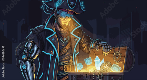 A futuristic pirate character revealing a glowing treasure chest filled with jewels in a dark, cinematic setting