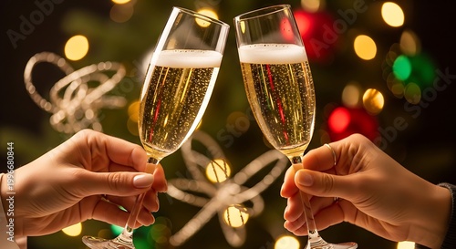 People toasting with champagne glasses against a blurred Christmas tree background
