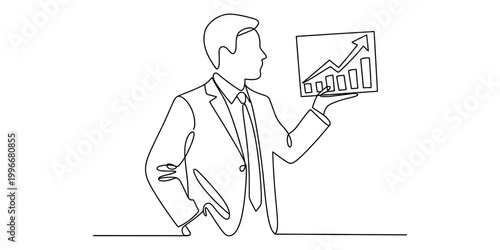 Continuous single line drawing of a businessman holding a rising financial growth chart showing success and profit Vector, illustration