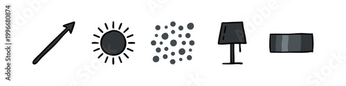 Monochromatic icons: arrow, sun, dots, lamp, grayscale spectrum