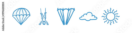 Blue hand-drawn icons: parachute, acrobat, cloud, sun