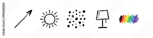 Hand-drawn icons: arrow, sun, dots, lamp, rainbow spectrum