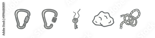 Gray hand-drawn icons: carabiners, key, rock, rope