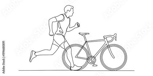 Continuous single line drawing of a man running next to a road bicycle for triathlon sport concept Vector, illustration