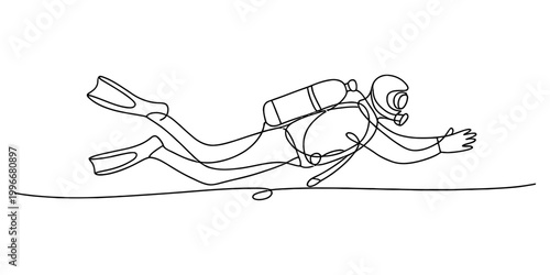 Continuous single line drawing of a scuba diver swimming underwater with a snorkel mask and oxygen tank Vector, illustration