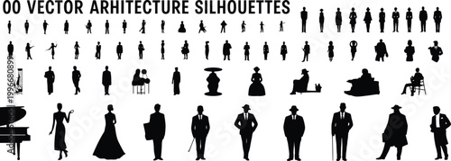 Collection of black silhouettes of people and woman