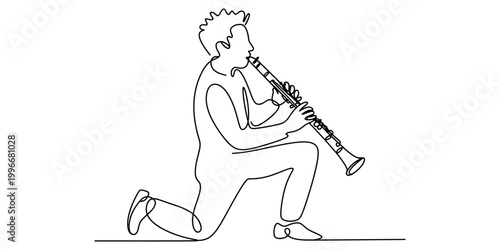 Continuous single line drawing of a man playing the clarinet Vector, illustration