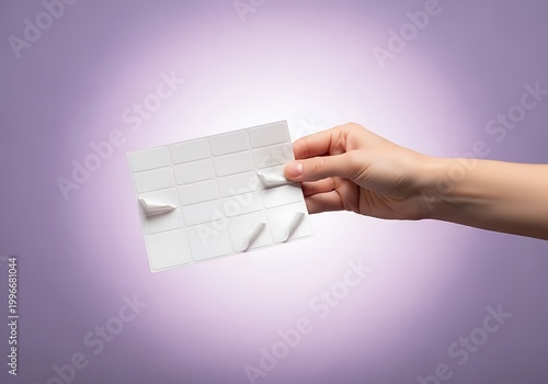Person holding a sheet of white blank adhesive labels on purple background