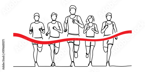 Group of people running and crossing the finish line in a marathon race Vector, illustration