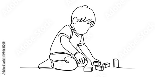 Continuous single line drawing of a little boy sitting and playing with wooden building blocks Vector, illustration
