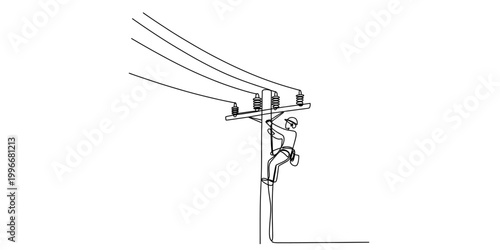 Continuous single line drawing of an electrician working on a utility pole with power lines Vector, illustration
