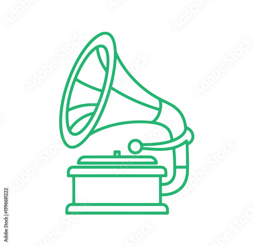 Green line art gramophone icon for music and audio nostalgia