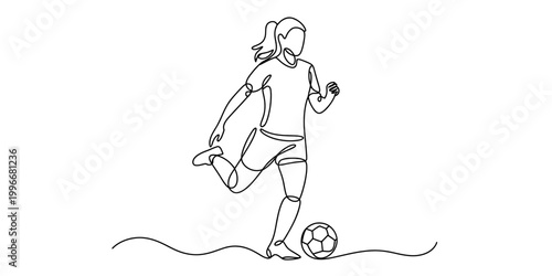 Continuous single line drawing of a woman soccer player kicking a ball Vector, illustration