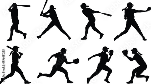Female baseball player silhouettes in various actions