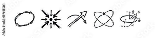 Physics Motion and Geometry Hand Drawn Icon Set