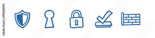 Cyber Security and Data Protection Blue Hand Drawn Icon Set