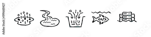 Big Data Lake and Information Stream Hand Drawn Icon Set
