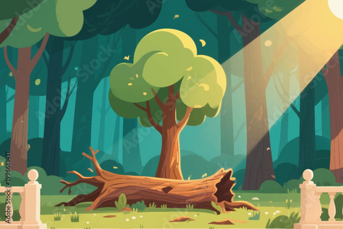 Forest clearing with fallen tree trunk, healthy green tree in sunlight, and white stone pillars.