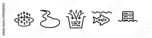 Big Data Lake and Information Stream Line Art Icon Set
