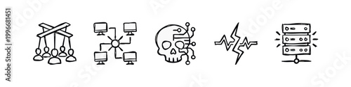 Cyber Threats Manipulation and Network Control Hand Drawn Icon Set