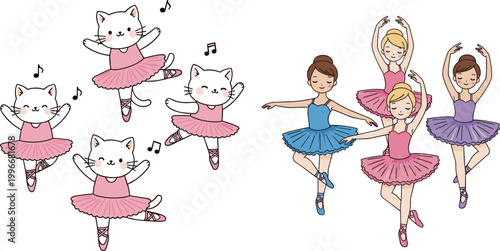 Cute cat and human ballerinas in various ballet poses wearing tutus, vector illustration