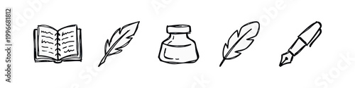 Vintage Writing and Literature Sketchy Icon Set with Quill Feather Inkwell and Fountain Pen