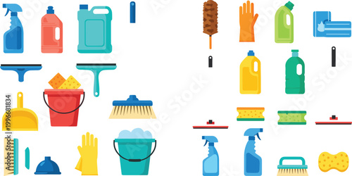 Collection of colorful cleaning tools and supplies, including spray bottles, brushes, and gloves, vector illustration