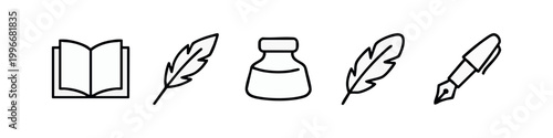 Modern Outline Writing Tools Icon Set Featuring Notebook Feather Pen and Ink Bottle Symbols