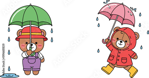 Cute bear characters holding umbrellas in the rain, wearing raincoats and boots, vector illustration