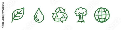 Green Ecology and Environmental Protection Hand Drawn Icon Set with Tree Globe and Recycle Symbol