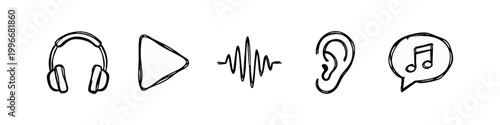 Doodle Icons: Headphones, Play Button, Sound Wave, Ear, Music Note