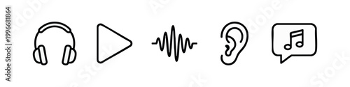 Line Icons: Headphones, Play Button, Sound Wave, Ear, Music Note