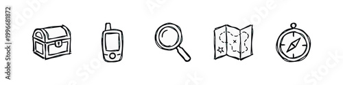 Doodle Icons: Treasure Chest, GPS Device, Magnifying Glass, Map, Compass