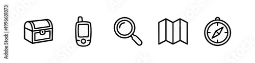 Line Icons: Treasure Chest, GPS Device, Magnifying Glass, Map, Compass