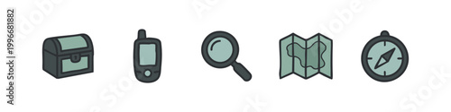 Colored Doodle Icons: Treasure Chest, GPS Device, Magnifying Glass, Map, Compass