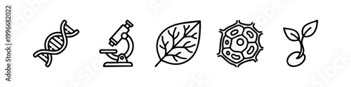 Line art science icons: DNA, microscope, leaf, cell, and sprout.