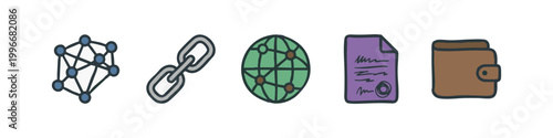 Flat Color Blockchain and Global Network Icon Collection